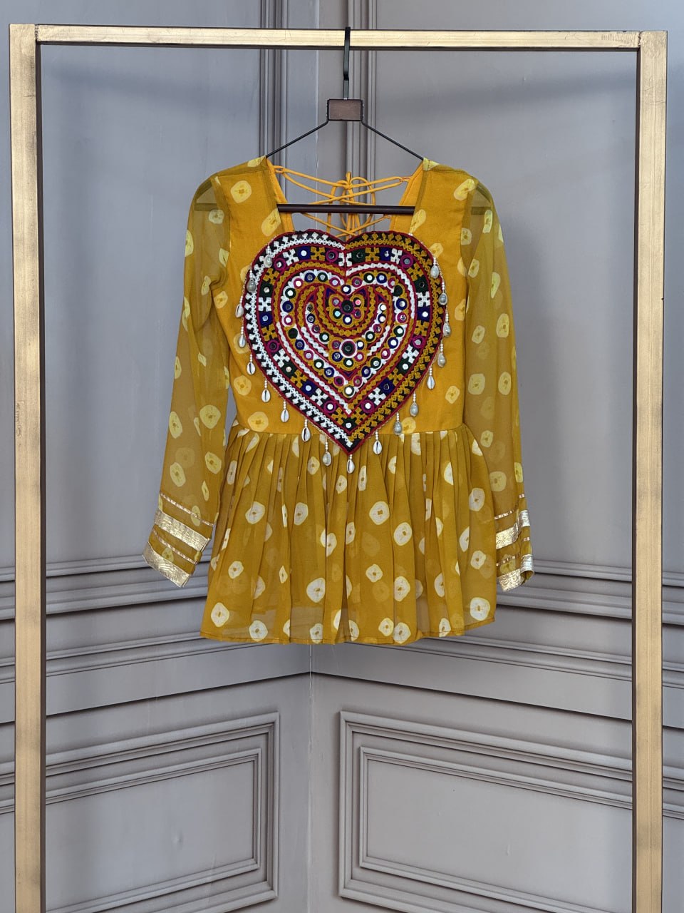 Mustard Yellow Bandhani Kutchi Gamthi Patchwork Navratri Top