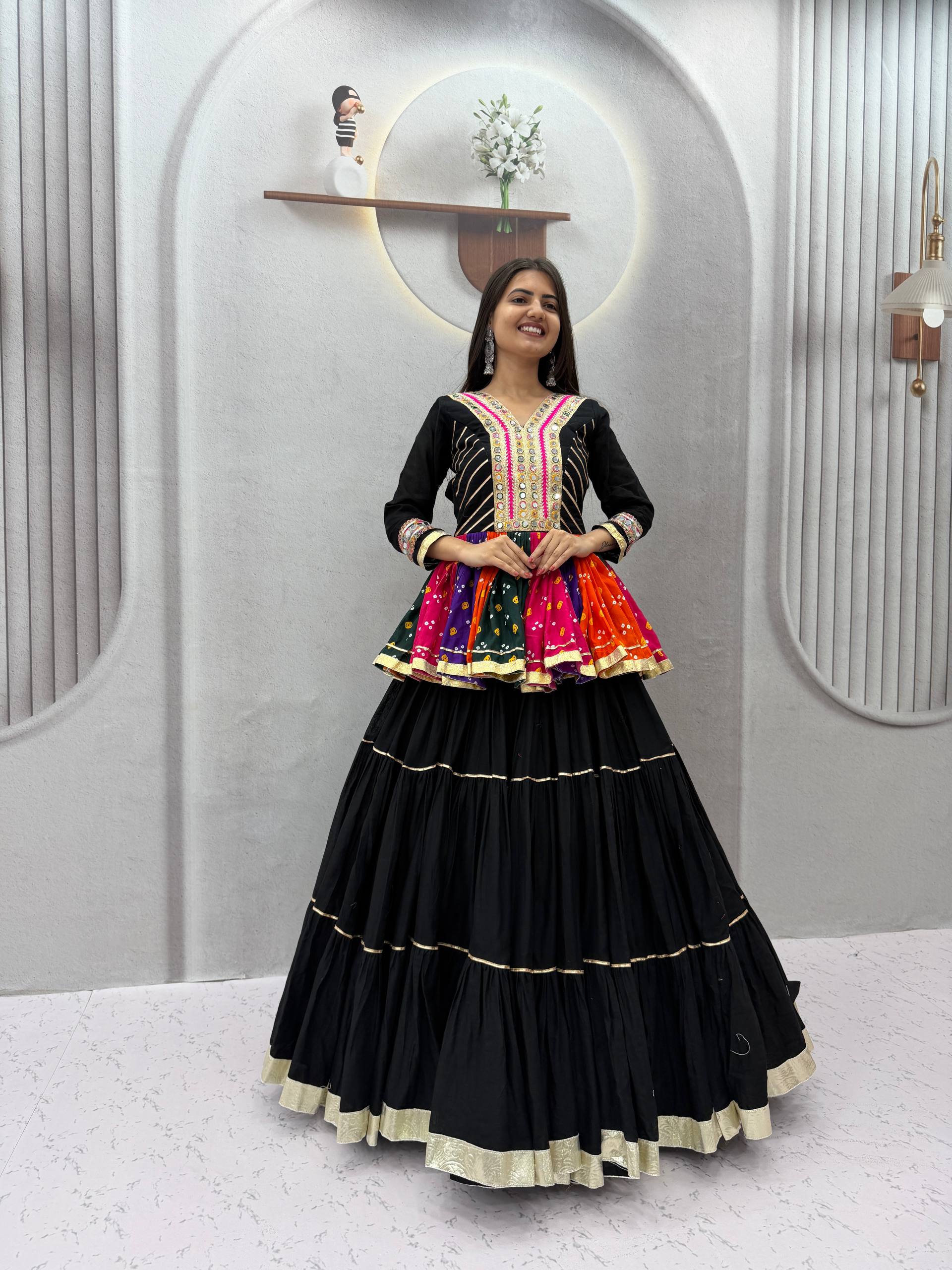 Black Multicolor Gamthi Work Pure Cotton Kediyu Lehenga Set