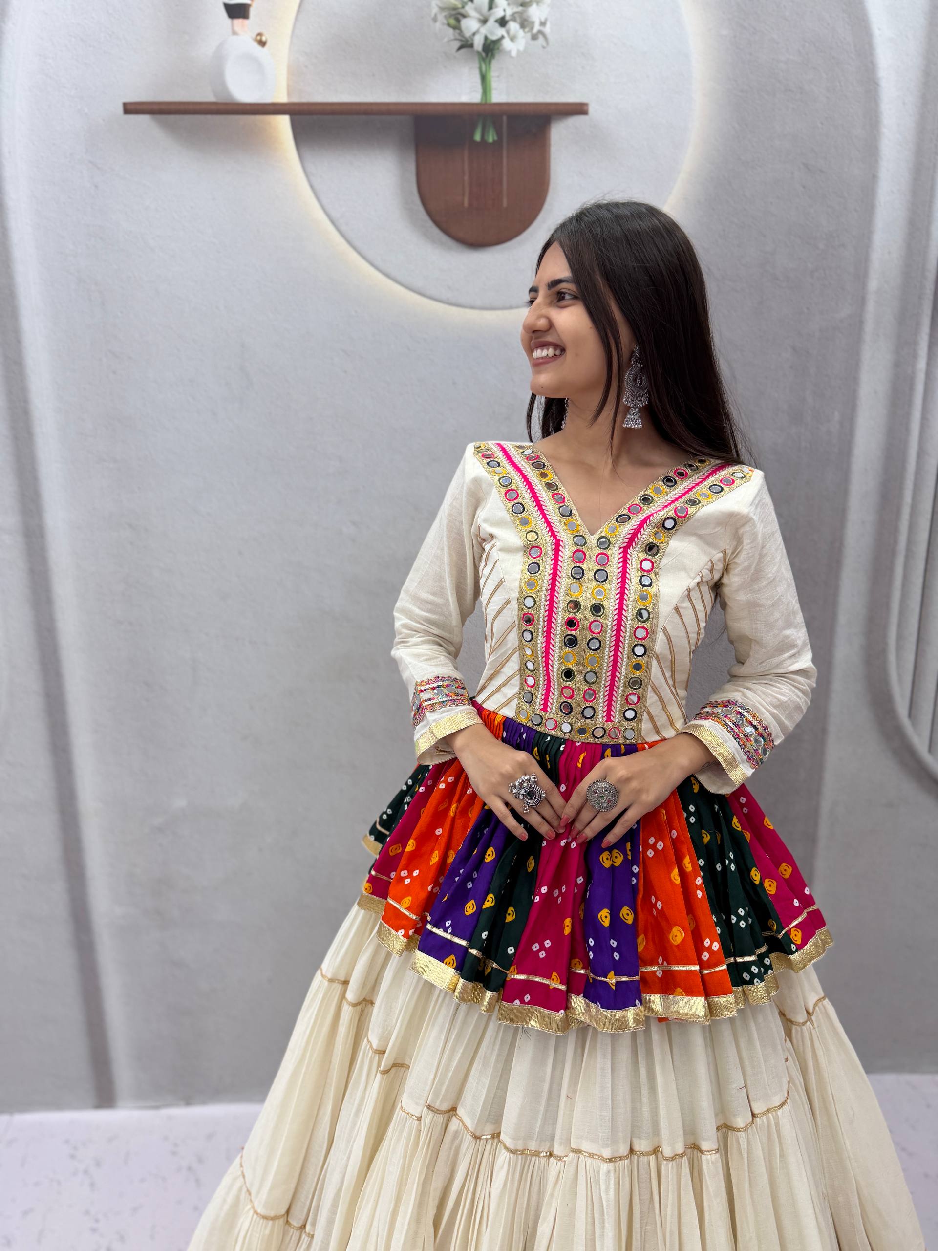 Ivory Multicolor Gamthi Mirror Work Cotton Kediyu Lehenga Set