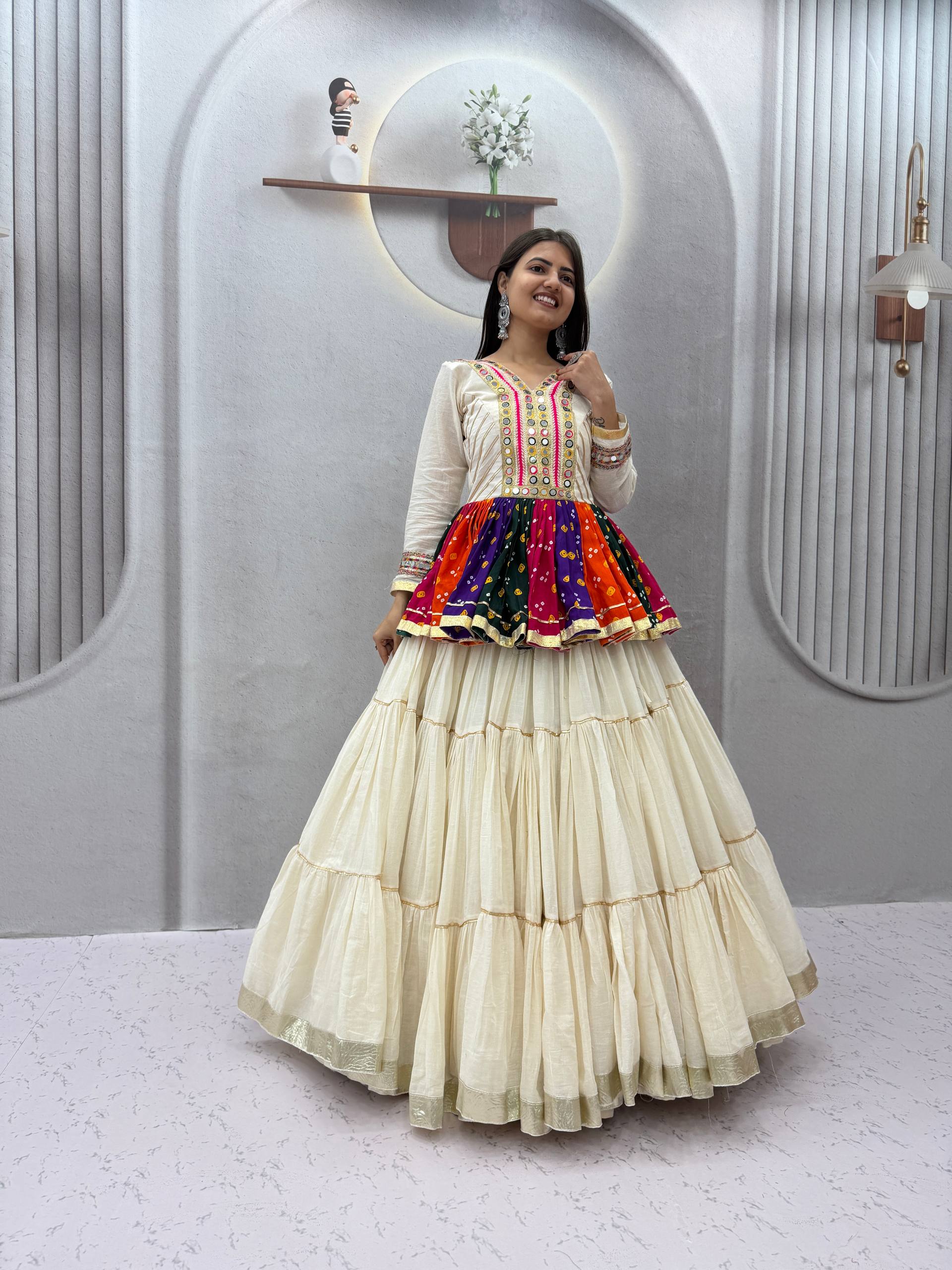 Ivory Multicolor Gamthi Mirror Work Cotton Kediyu Lehenga Set