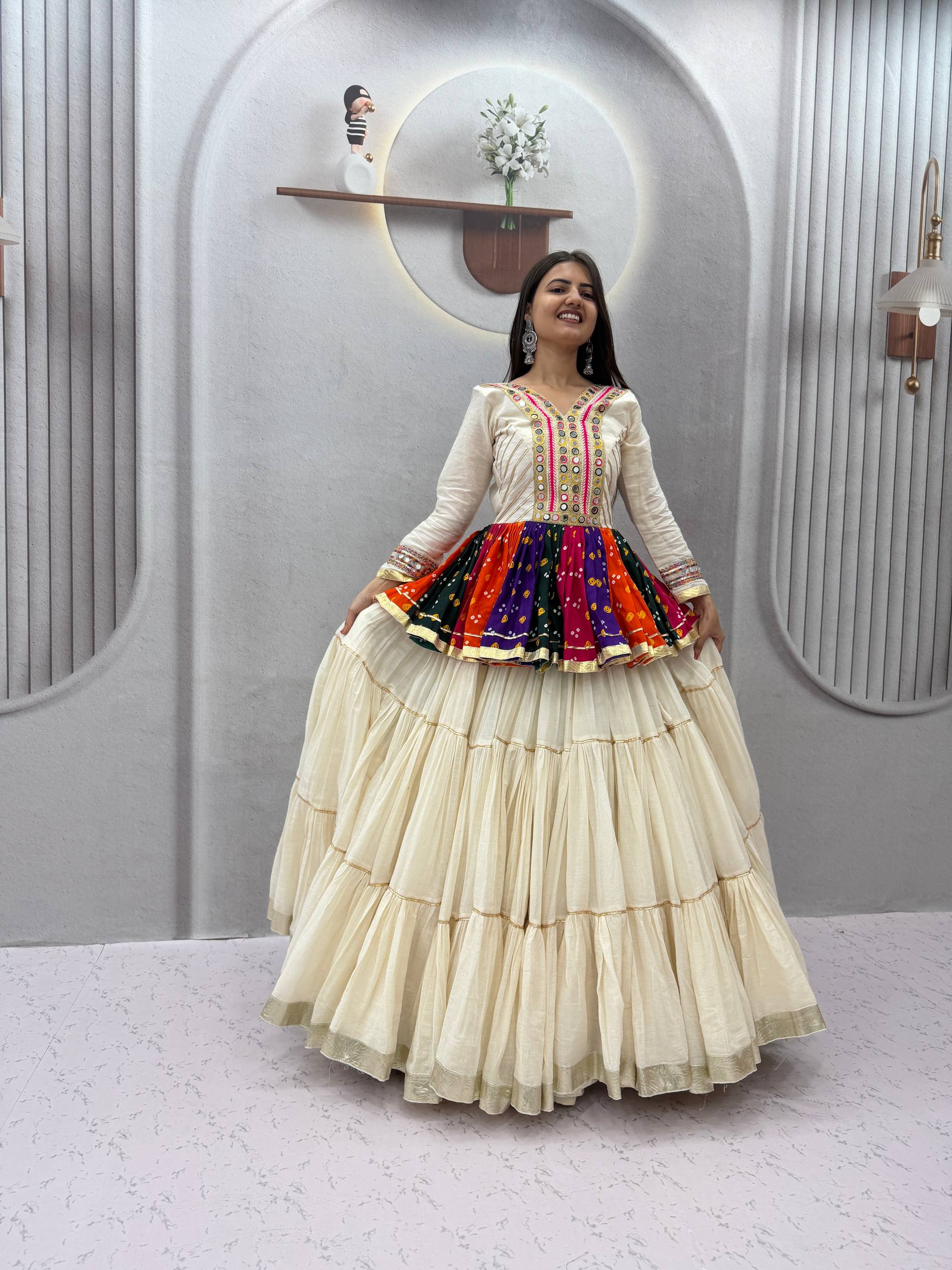 Ivory Multicolor Gamthi Mirror Work Cotton Kediyu Lehenga Set