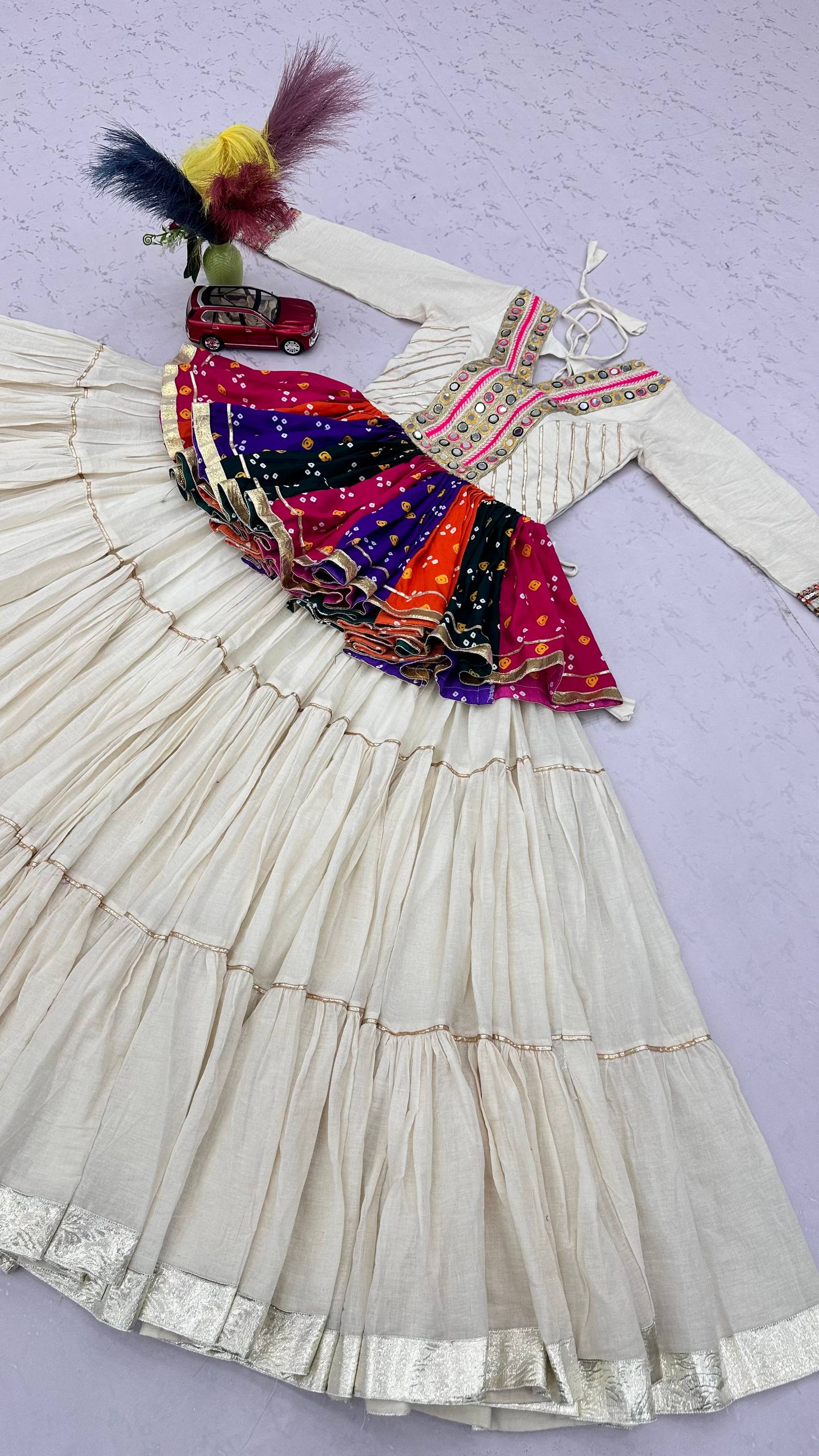 Ivory Multicolor Gamthi Mirror Work Cotton Kediyu Lehenga Set
