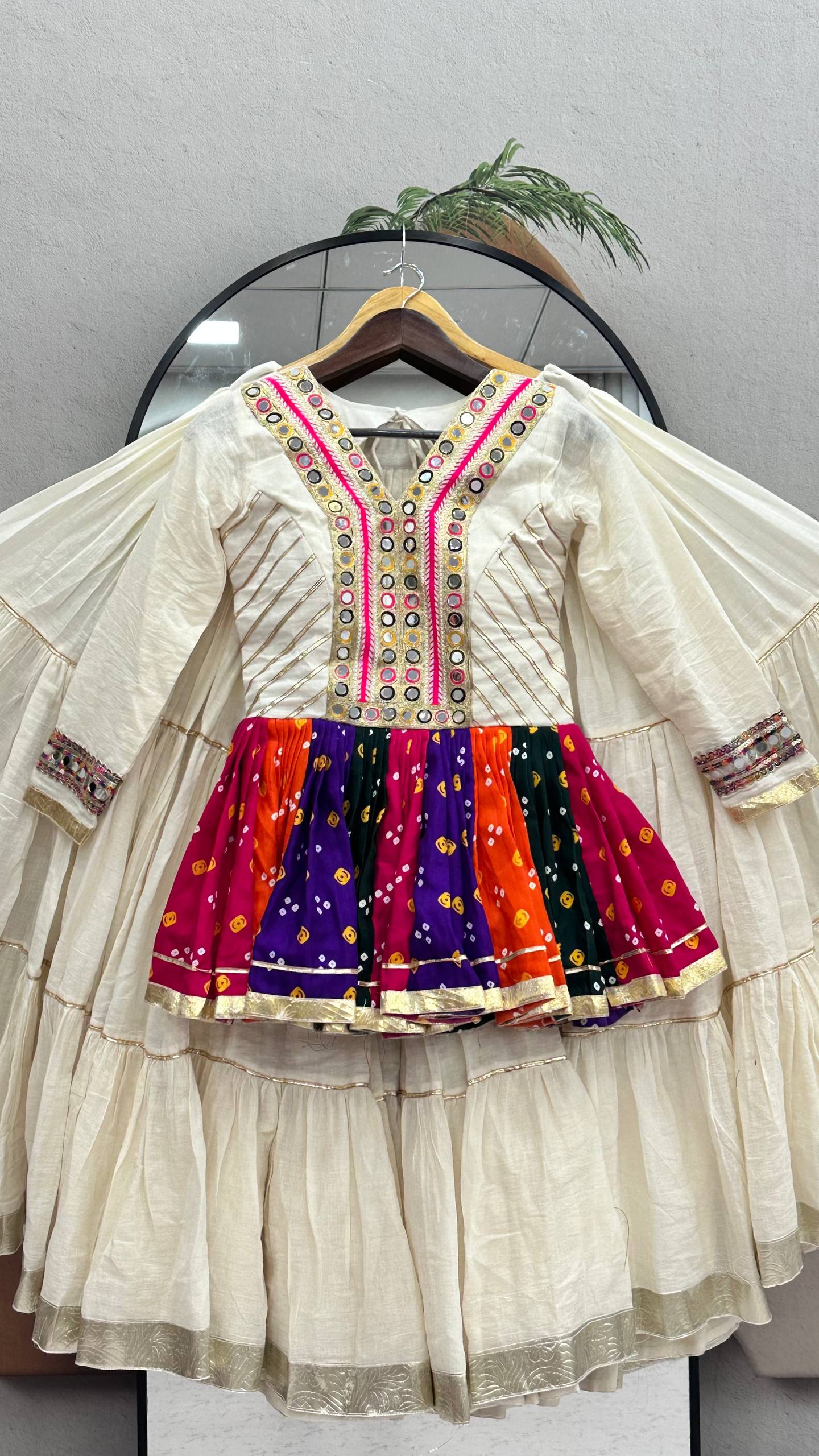 Ivory Multicolor Gamthi Mirror Work Cotton Kediyu Lehenga Set