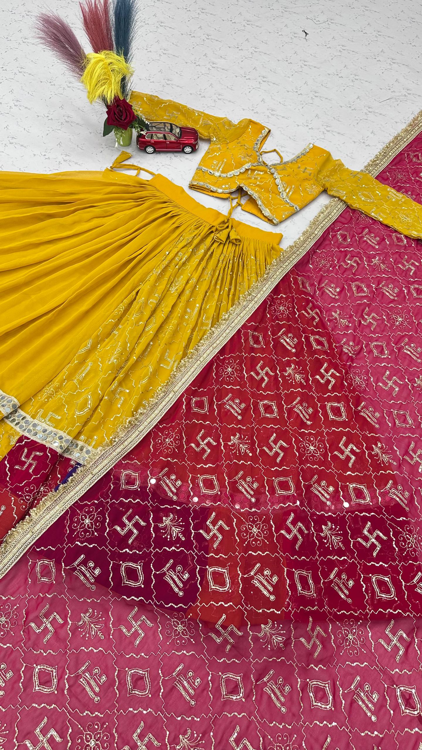 Mustard Yellow & Rani Pink Fox Georgette Lehenga Choli with Embroidered Dupatta