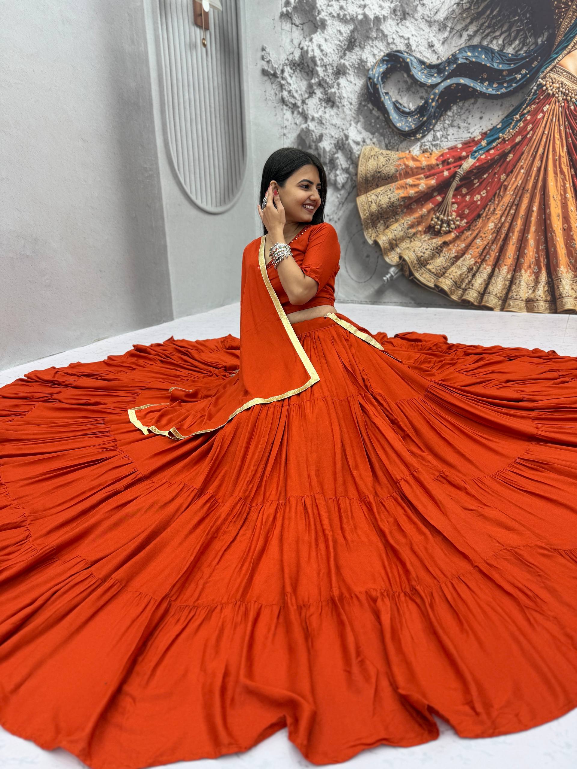 Rust Orange 9+ Meter Flair Lehenga Choli with Mirror Work Dupatta