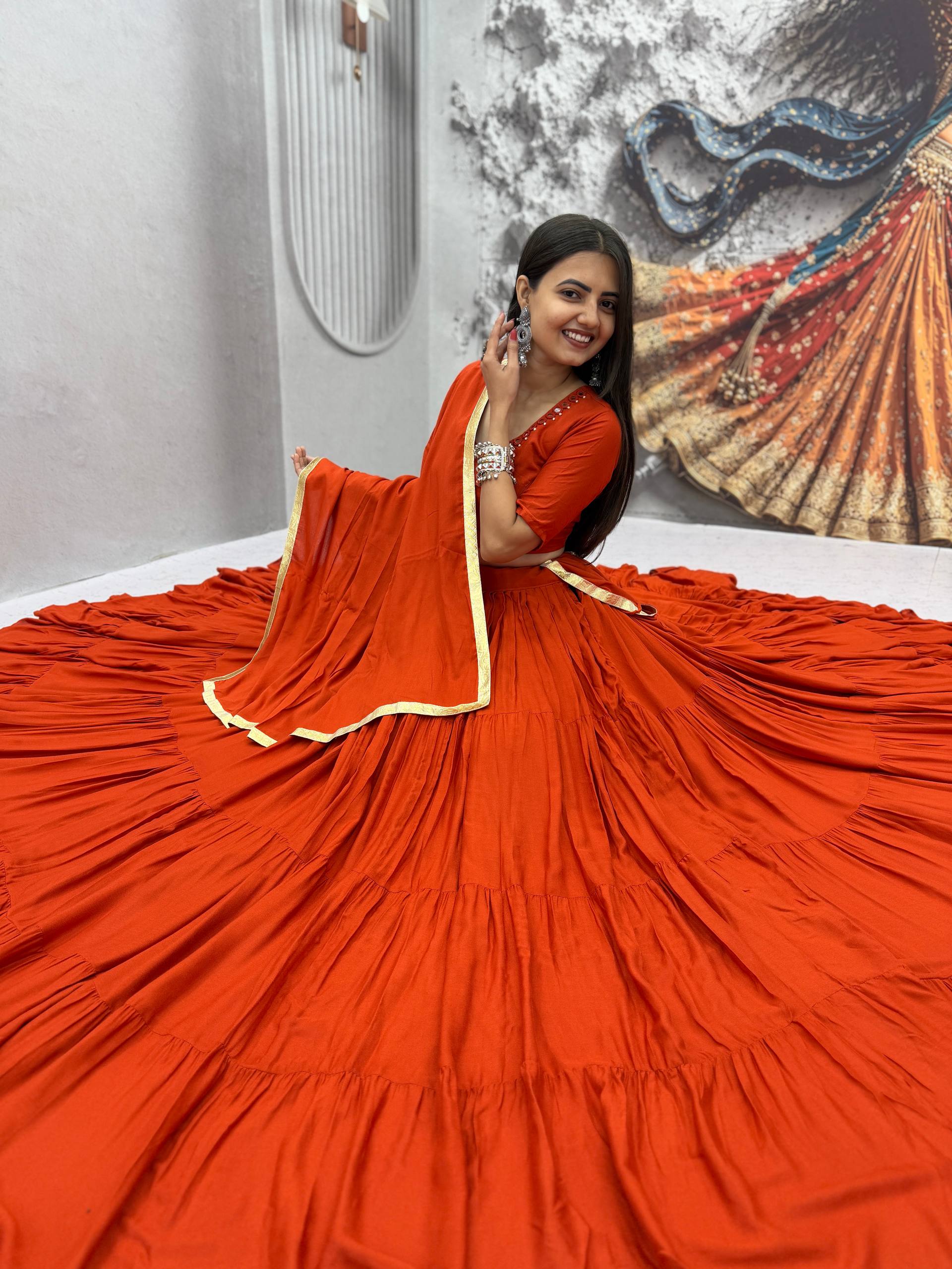 Rust Orange 9+ Meter Flair Lehenga Choli with Mirror Work Dupatta