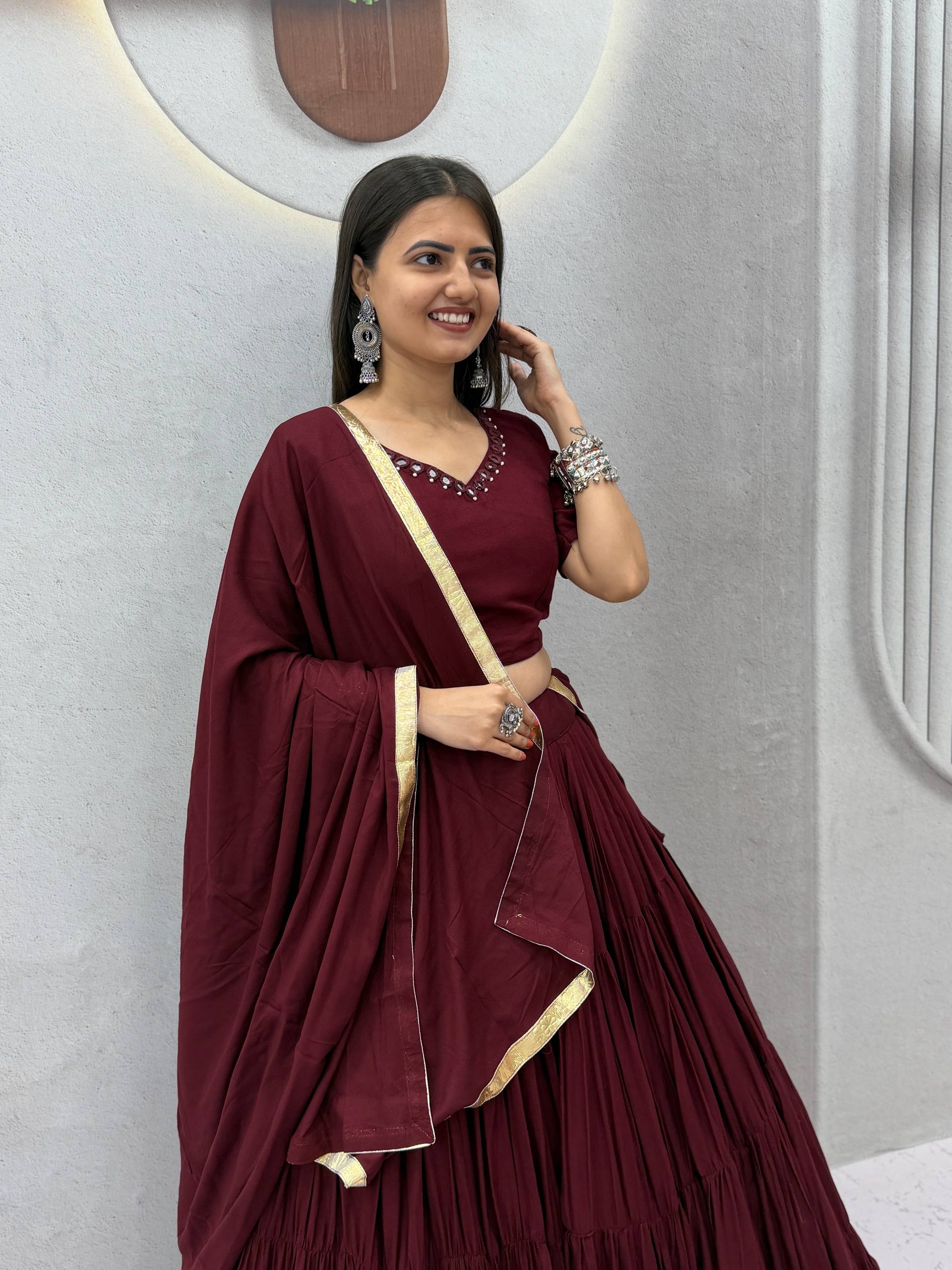 Wine Rion Cotton 9+ Meter Flair Lehenga Choli Set with Handmade Mirror Work
