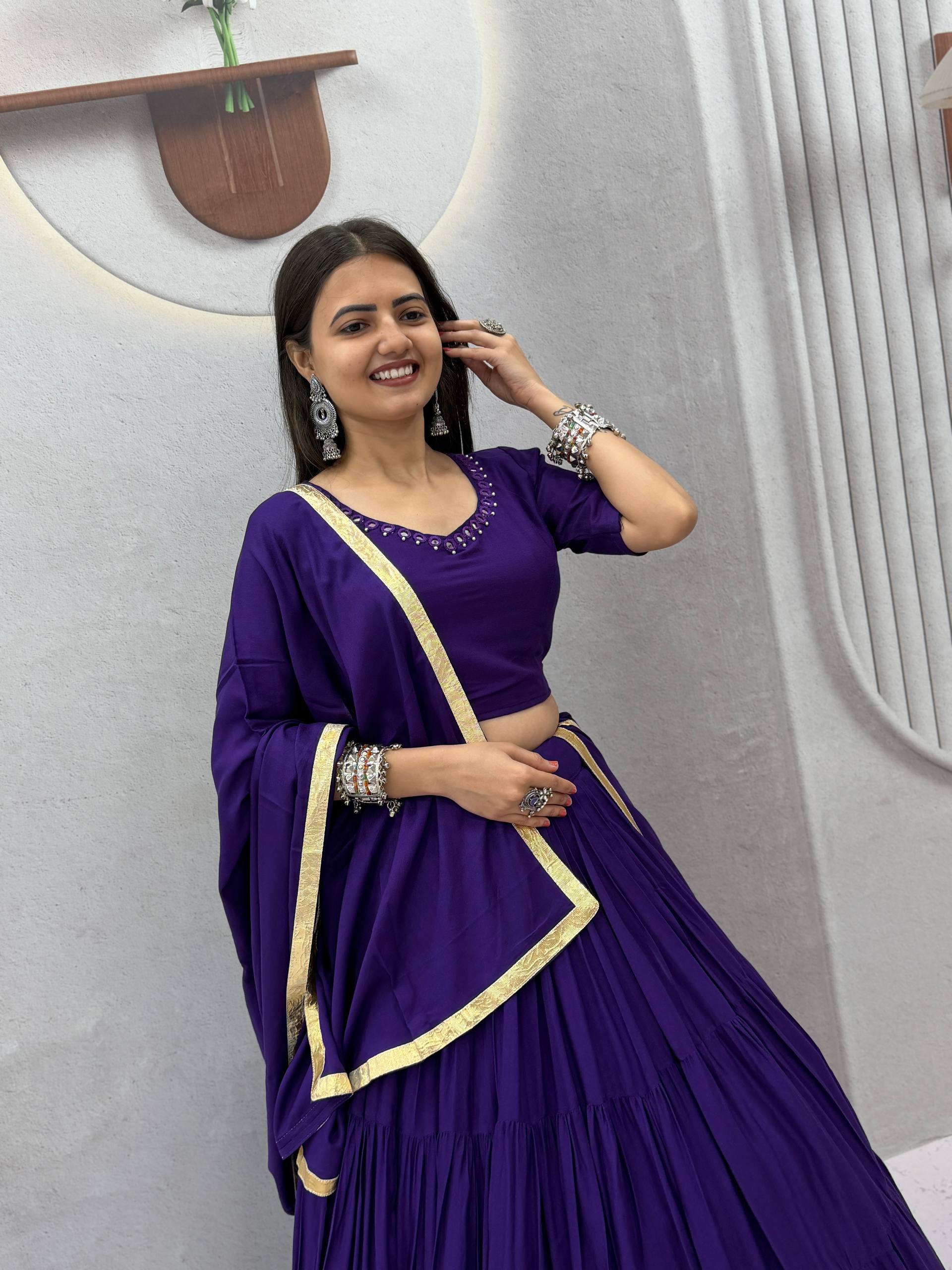 Royal Purple 9 Meter Flair Lehenga Choli with Handmade Mirror Work & Dupatta