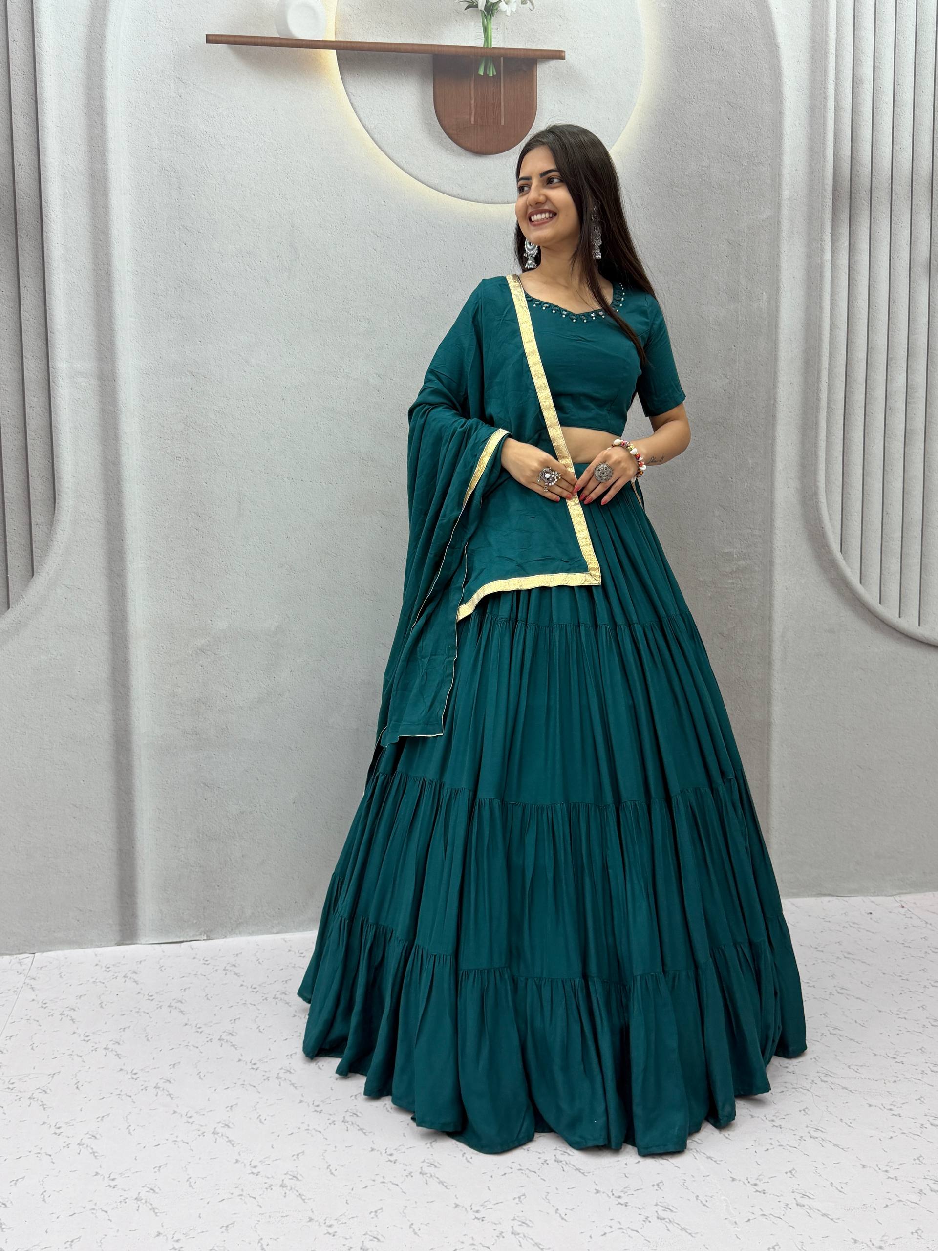 Teal 9+ Meter Flair Mirror Work Lehenga Choli with Dupatta