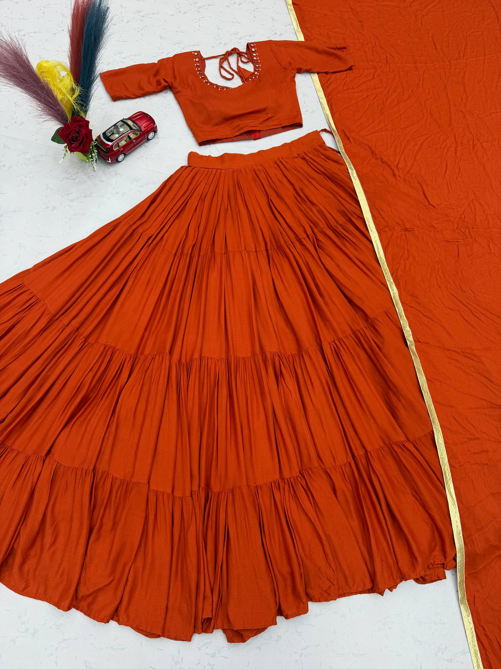 Rust Orange 9+ Meter Flair Lehenga Choli with Mirror Work Dupatta