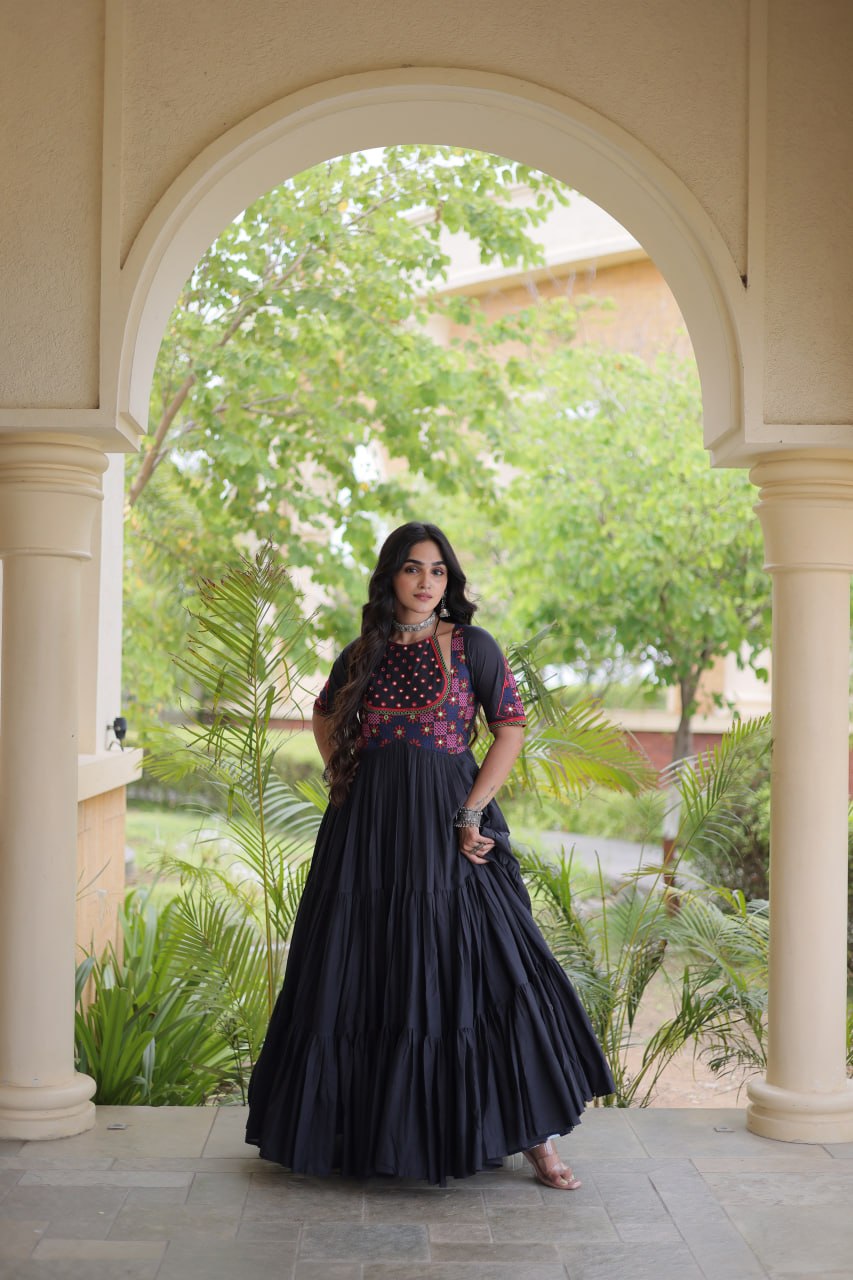 Black Kora Cotton Embroidered Mirror Work Flared Gown
