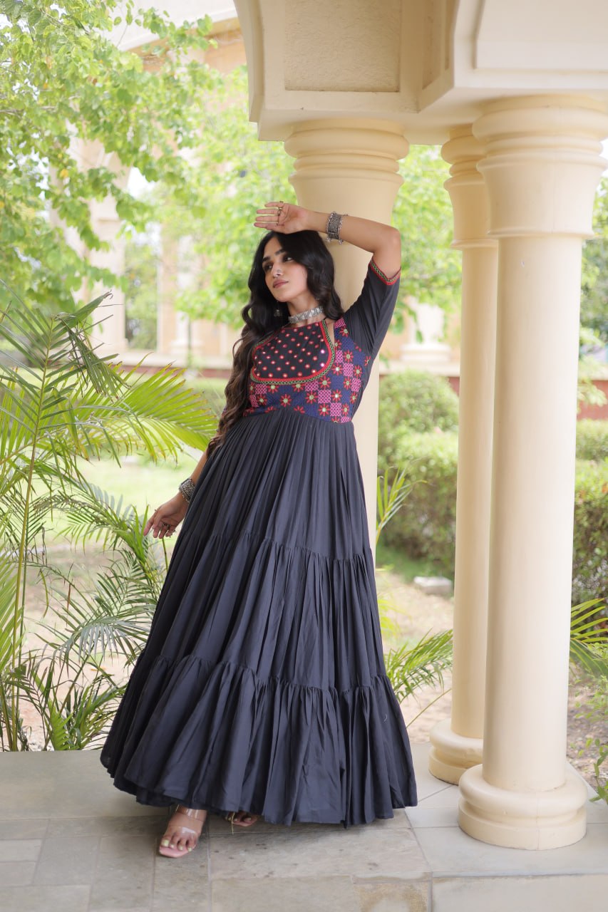 Black Kora Cotton Embroidered Mirror Work Flared Gown
