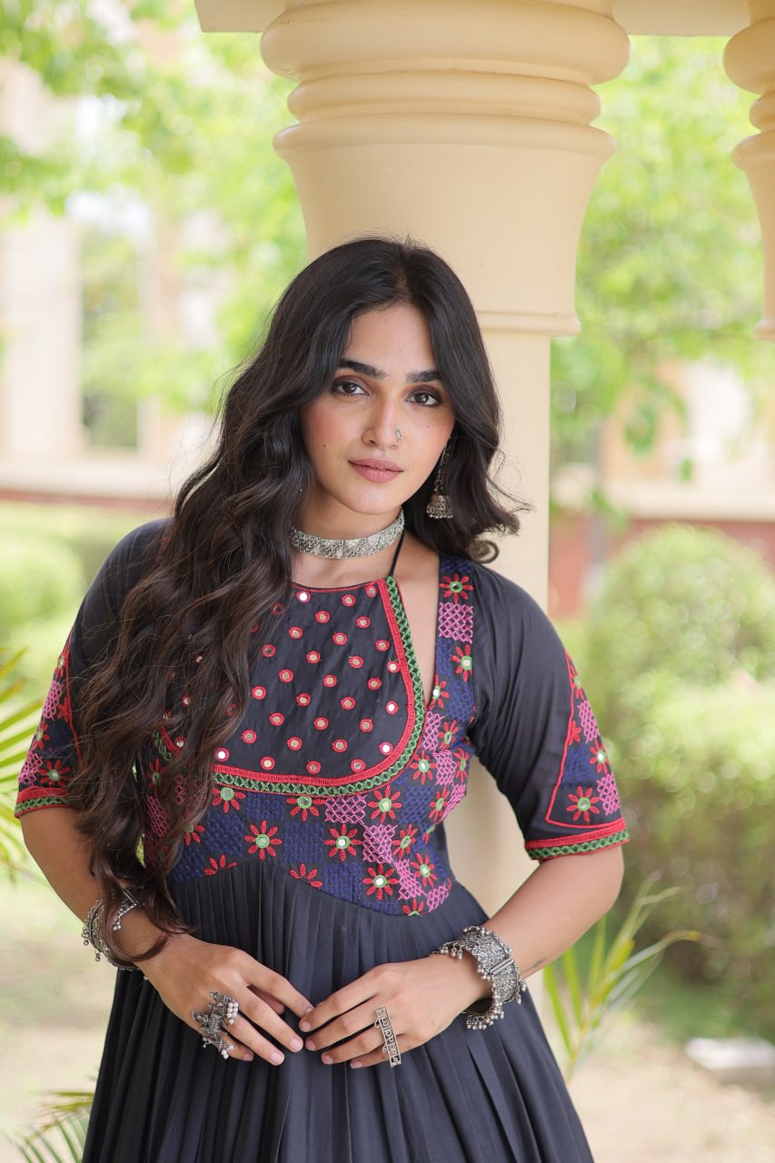 Black Kora Cotton Embroidered Mirror Work Flared Gown