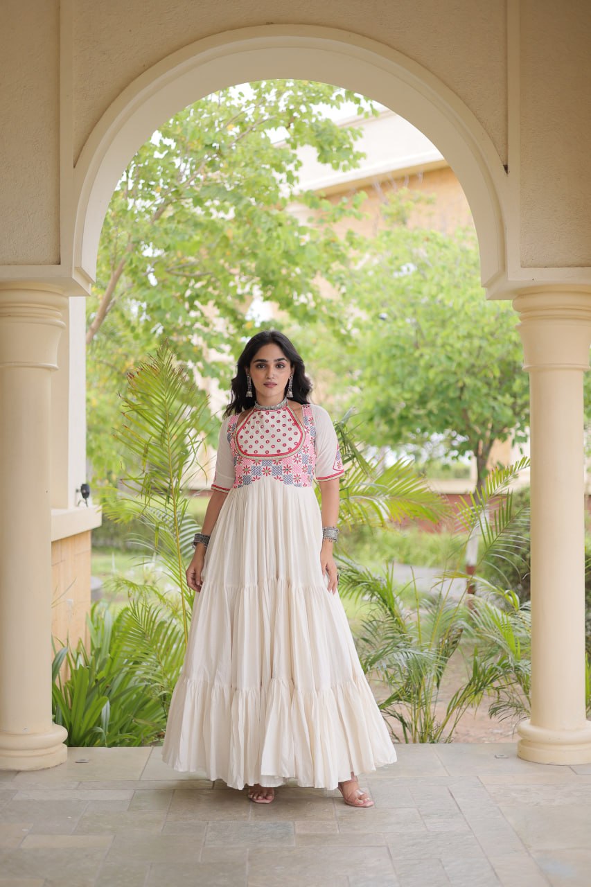 Off-White Kora Cotton Embroidered Mirror Work Anarkali Gown
