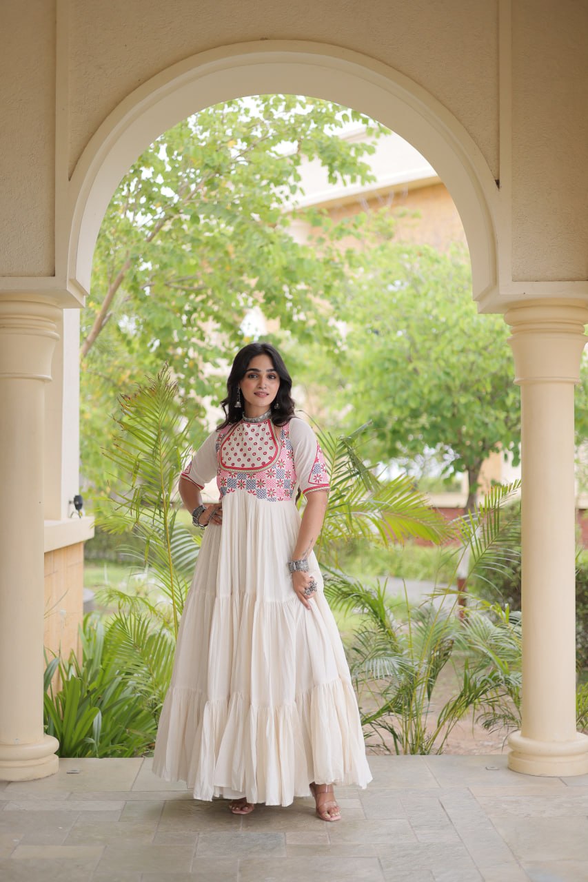 Off-White Kora Cotton Embroidered Mirror Work Anarkali Gown