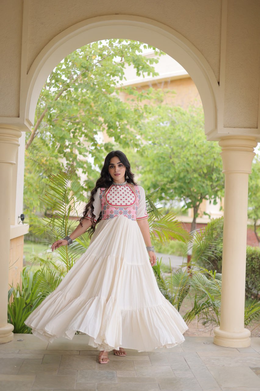 Off-White Kora Cotton Embroidered Mirror Work Anarkali Gown