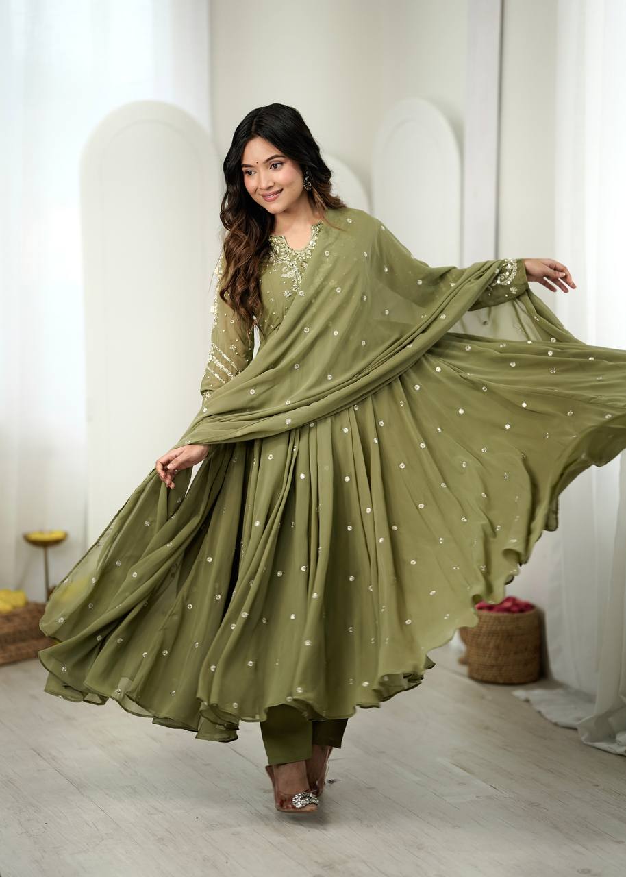 Olive Green Embroidered Faux Georgette Anarkali Suit Set with Dupatta