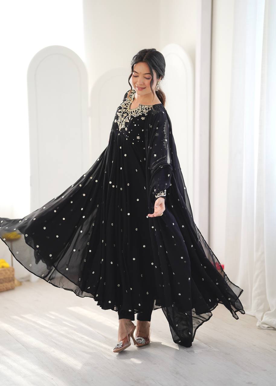 Black Embroidered Faux Georgette Anarkali Suit Set with Dupatta & Pant