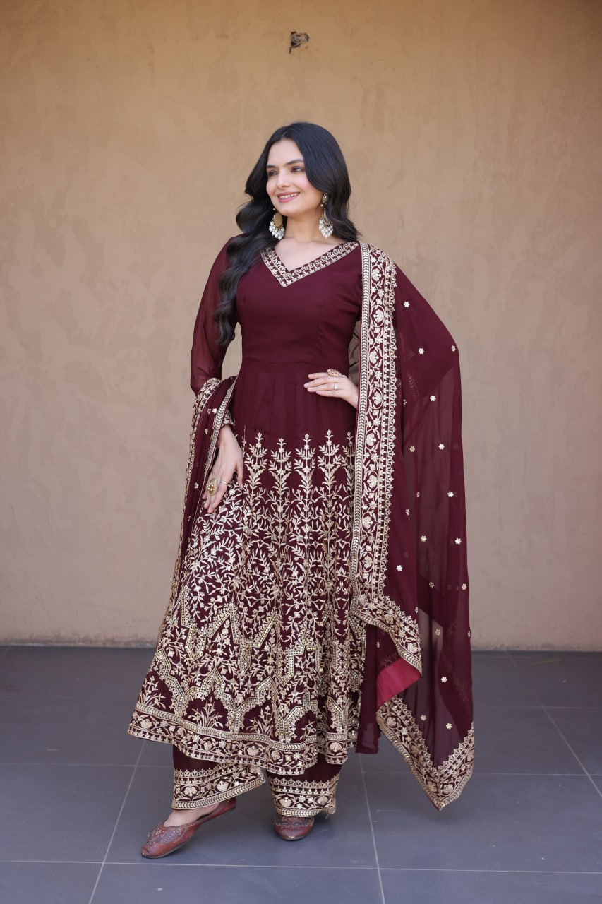 Wine Faux Blooming Embroidered Sequins Gown Pant & Dupatta Set