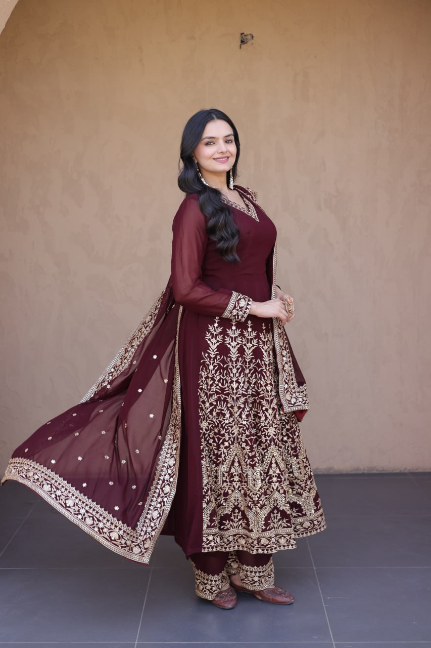 Wine Faux Blooming Embroidered Sequins Gown Pant & Dupatta Set