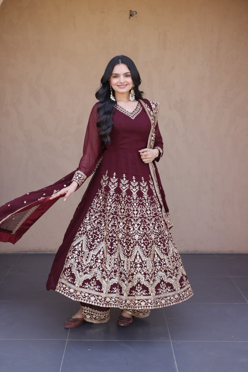 Wine Faux Blooming Embroidered Sequins Gown Pant & Dupatta Set