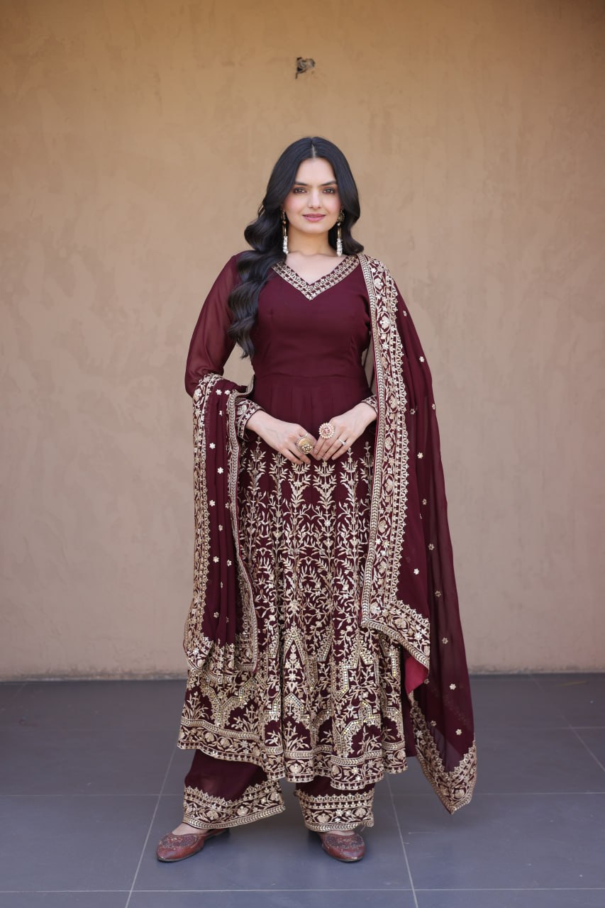 Wine Faux Blooming Embroidered Sequins Gown Pant & Dupatta Set