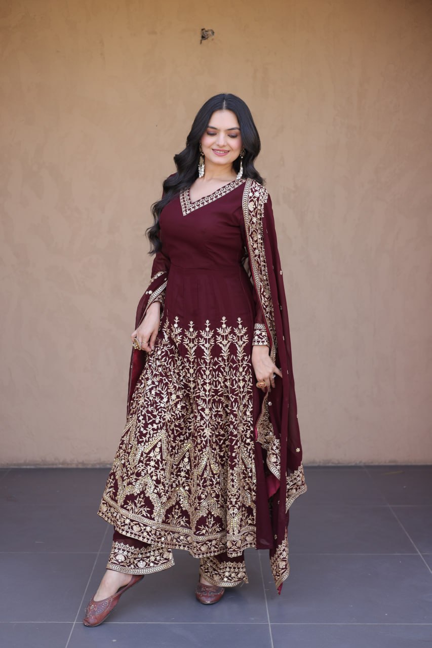 Wine Faux Blooming Embroidered Sequins Gown Pant & Dupatta Set