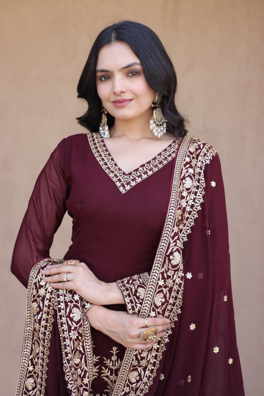 Wine Faux Blooming Embroidered Sequins Gown Pant & Dupatta Set