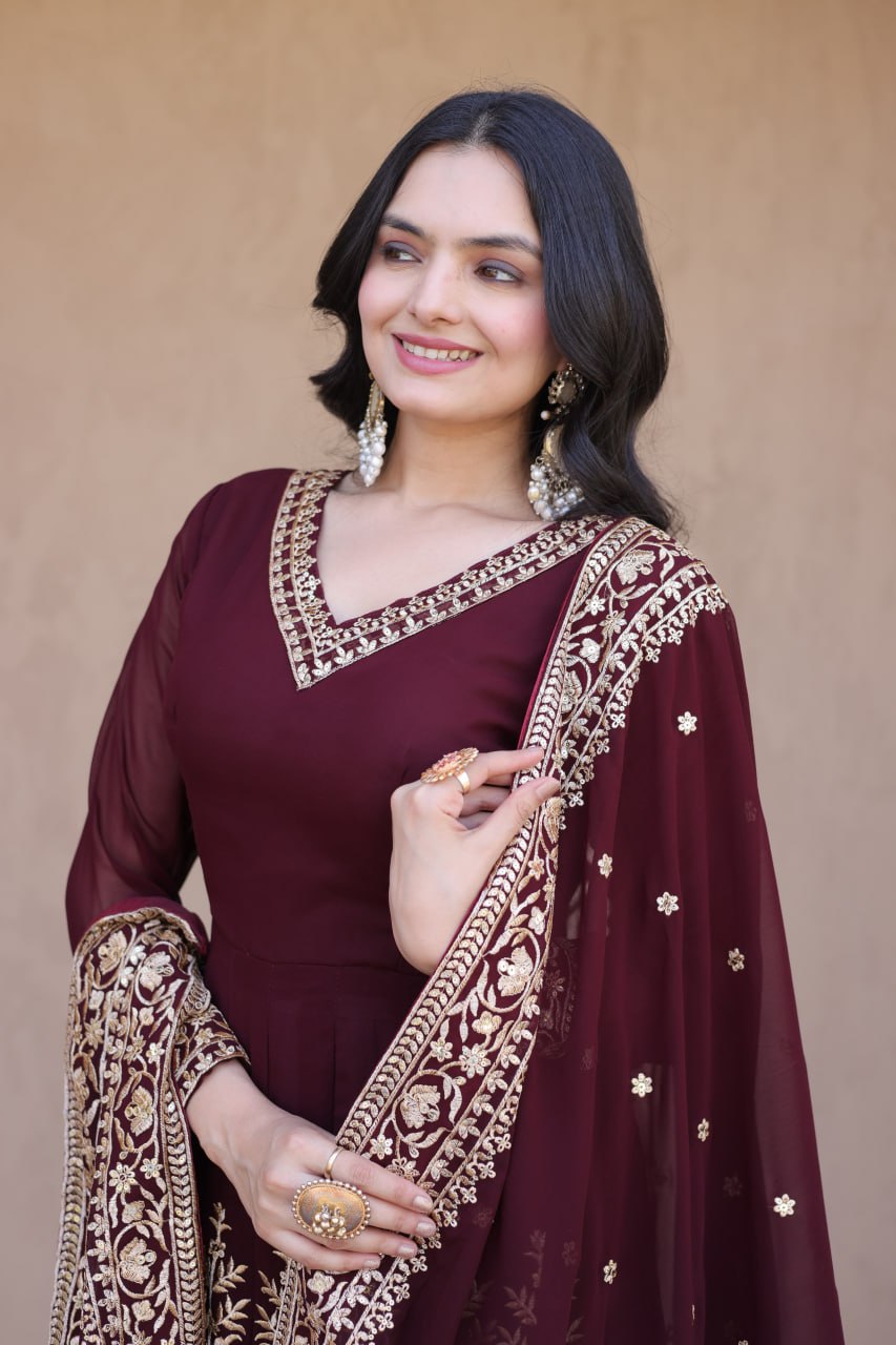 Wine Faux Blooming Embroidered Sequins Gown Pant & Dupatta Set