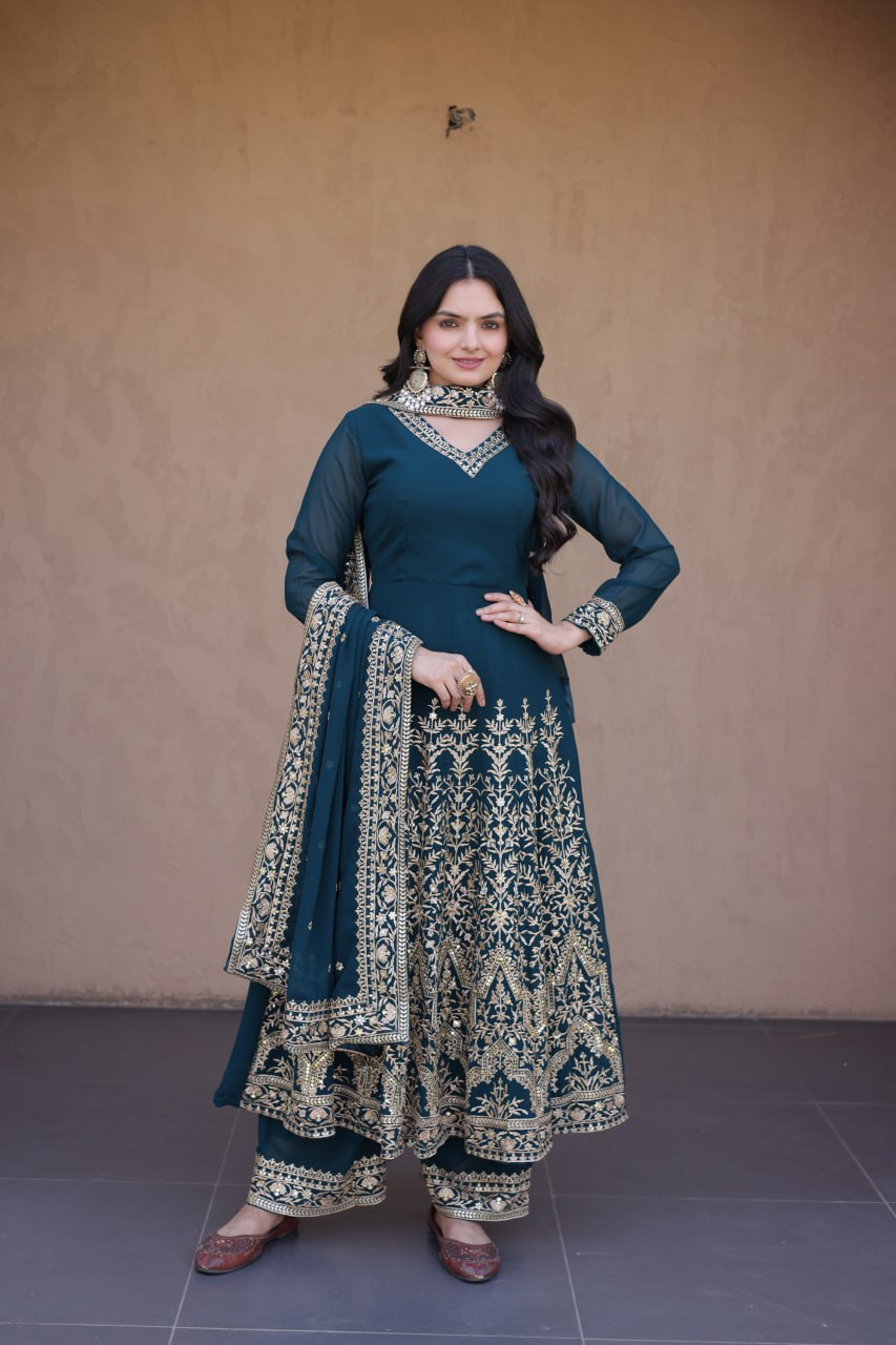 Teal Embroidered Faux Blooming Gown with Pant & Dupatta Set