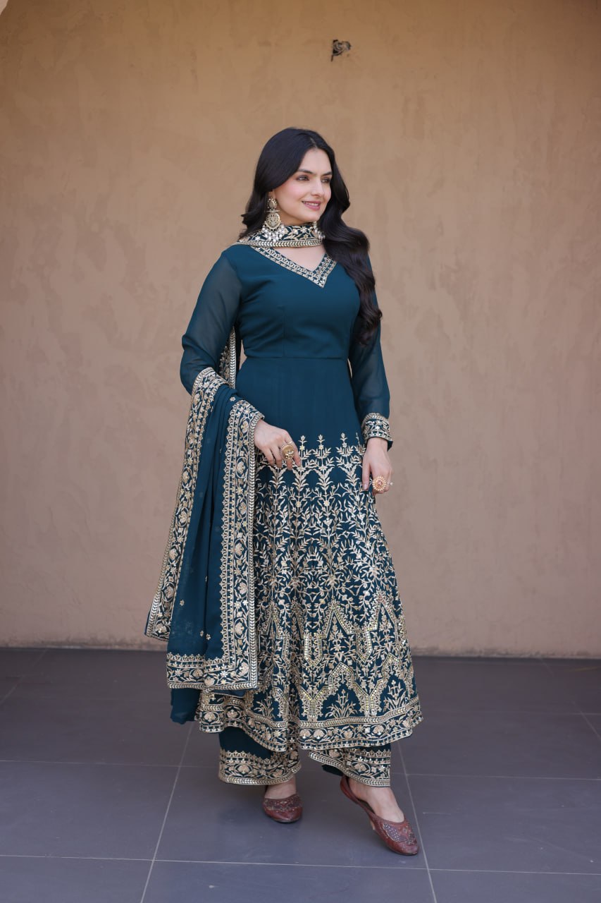 Teal Embroidered Faux Blooming Gown with Pant & Dupatta Set