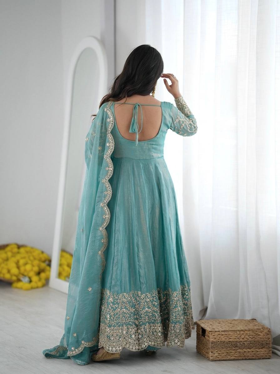 Sea Green Fendy Silk Embroidered Anarkali Gown Set with Dupatta