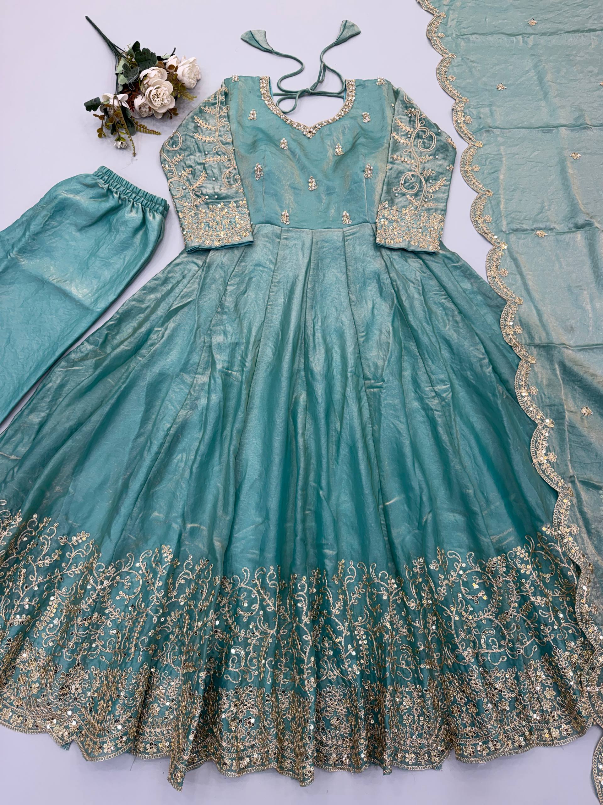 Sea Green Fendy Silk Embroidered Anarkali Gown Set with Dupatta
