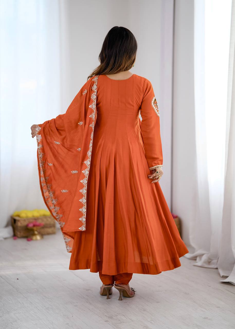 Burnt Orange Roman Silk Anarkali Gown Suit Set with Dupatta | Embroidery & Sequin Work