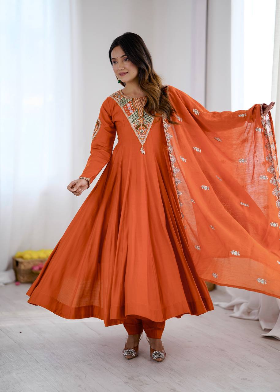 Burnt Orange Roman Silk Anarkali Gown Suit Set with Dupatta | Embroidery & Sequin Work