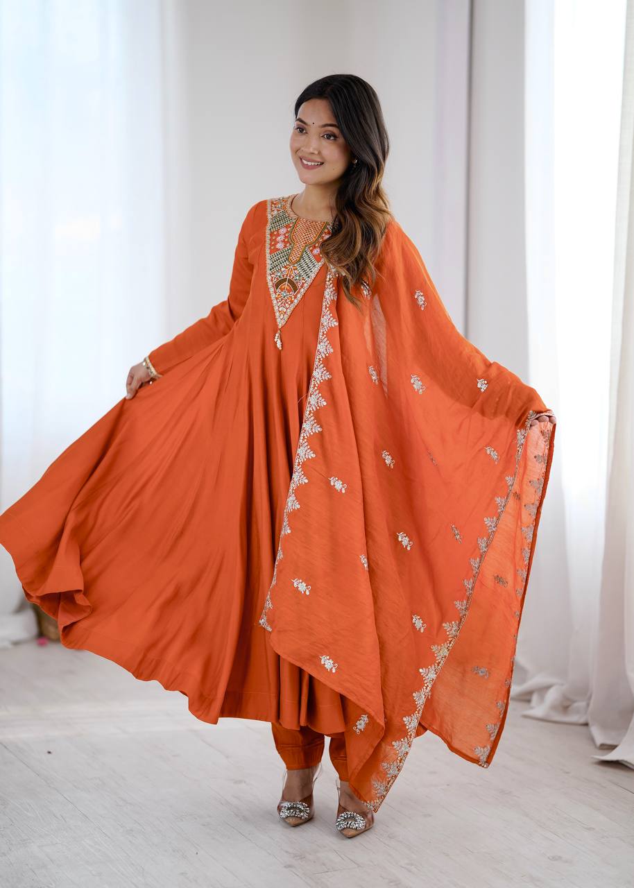 Burnt Orange Roman Silk Anarkali Gown Suit Set with Dupatta | Embroidery & Sequin Work