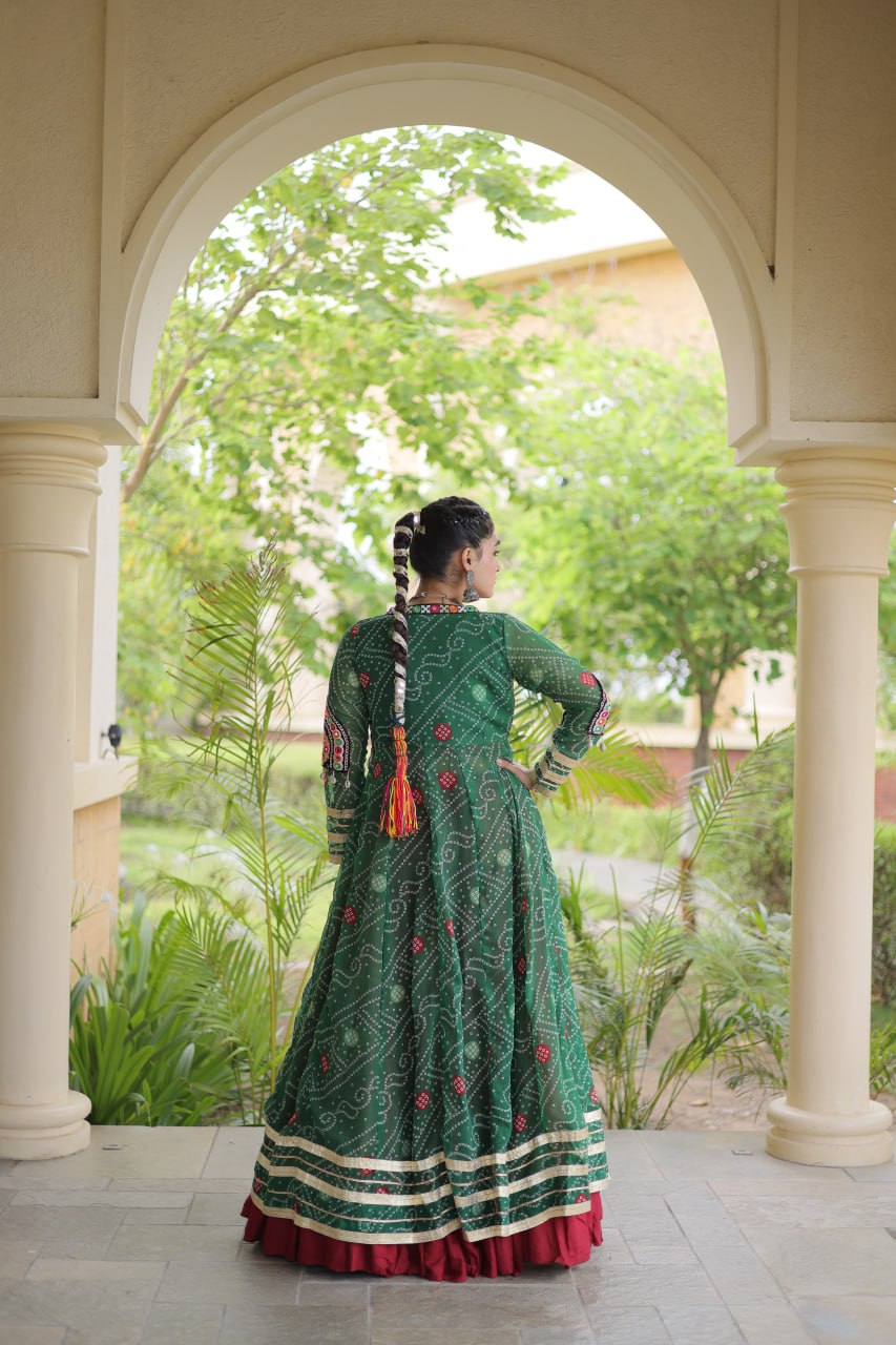 Bottle Green & Maroon Rayon Lehenga Set with Kutchi Patchwork Shrug