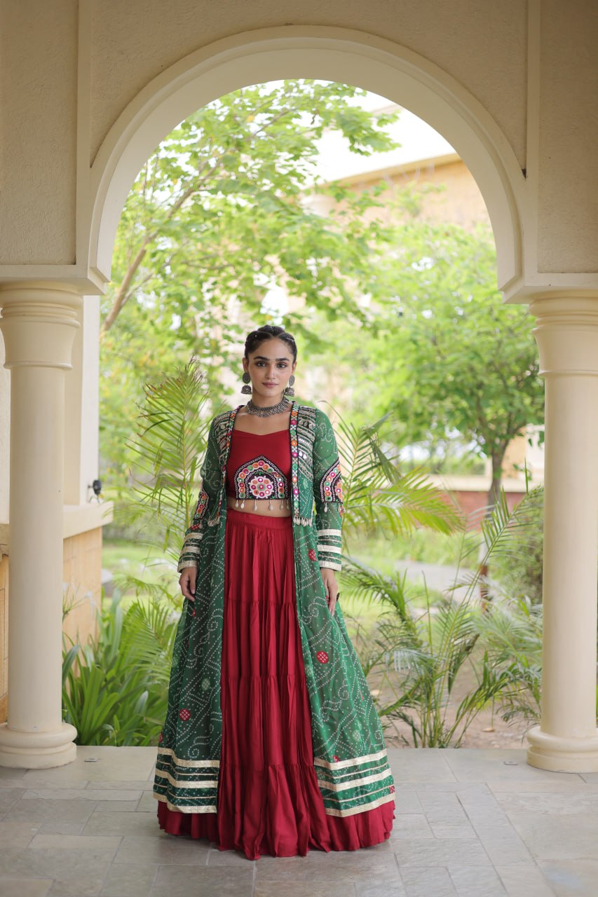 Bottle Green & Maroon Rayon Lehenga Set with Kutchi Patchwork Shrug
