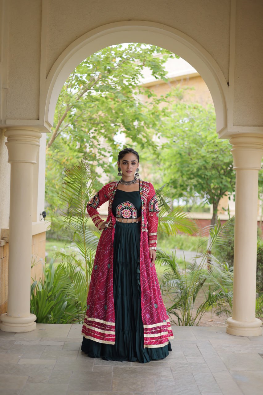 Bottle Green & Rani Pink Rayon Lehenga Set with Kutchi Patchwork Shrug