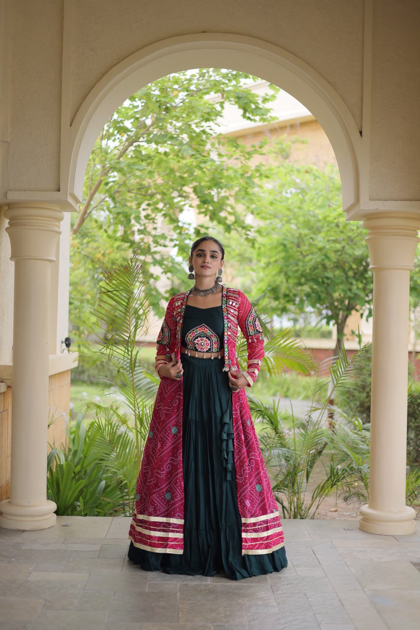 Bottle Green & Rani Pink Rayon Lehenga Set with Kutchi Patchwork Shrug