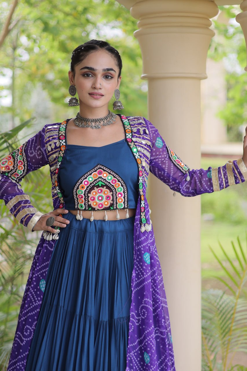 Royal Purple & Navy Blue Rayon Lehenga Set with Kutchi Patchwork Shrug