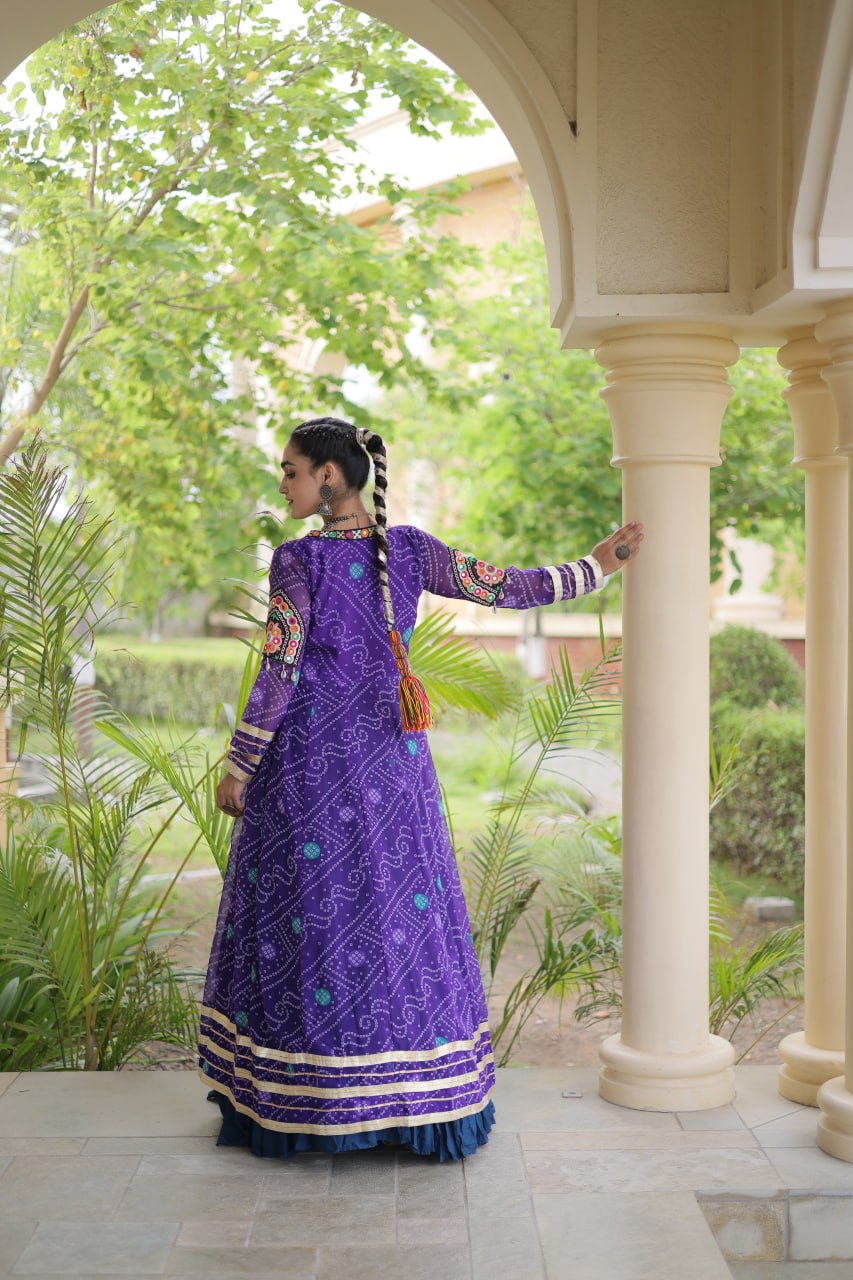 Royal Purple & Navy Blue Rayon Lehenga Set with Kutchi Patchwork Shrug