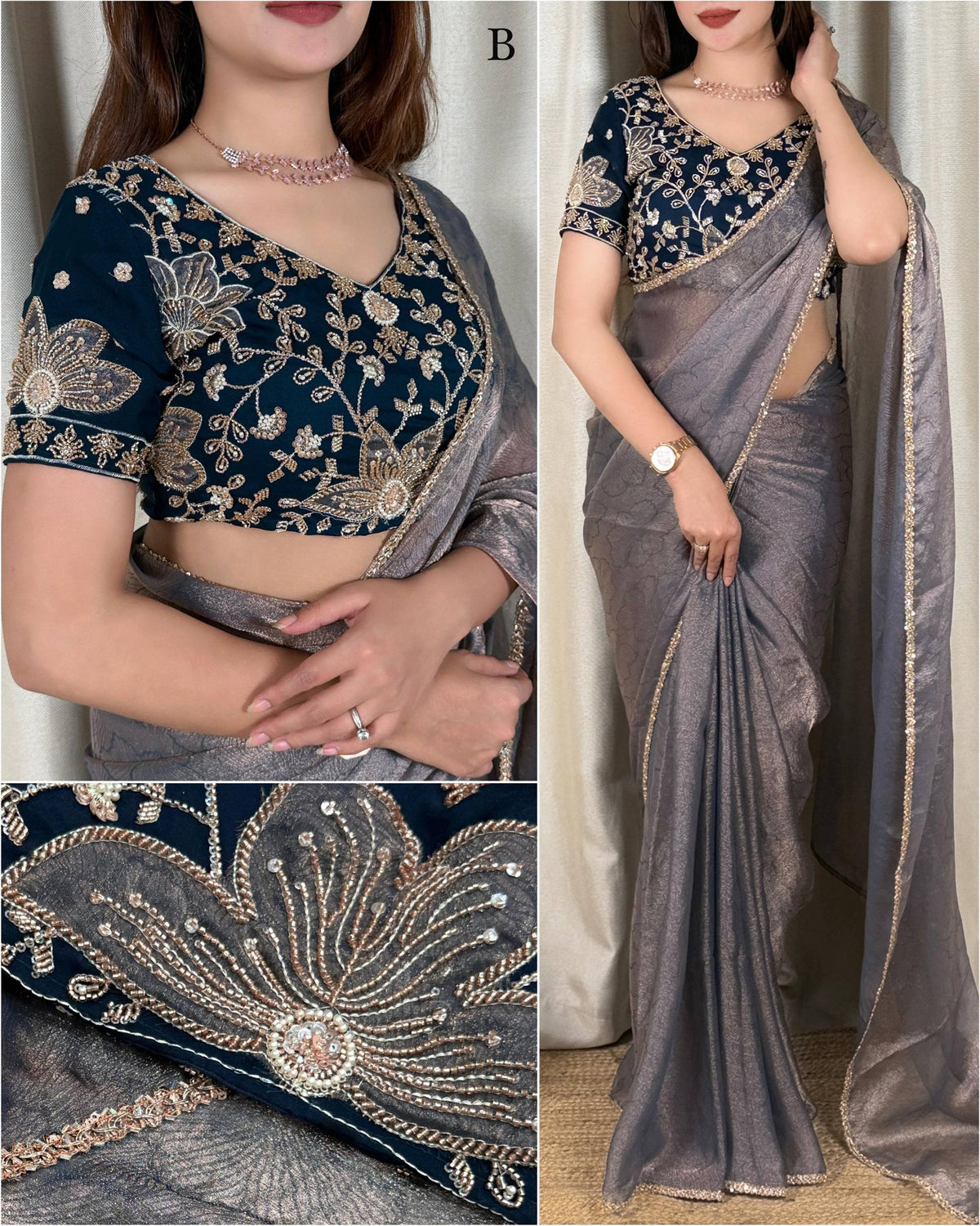 Slate Grey Jacquard Saree with Navy Blue Beaded Handwork Blouse