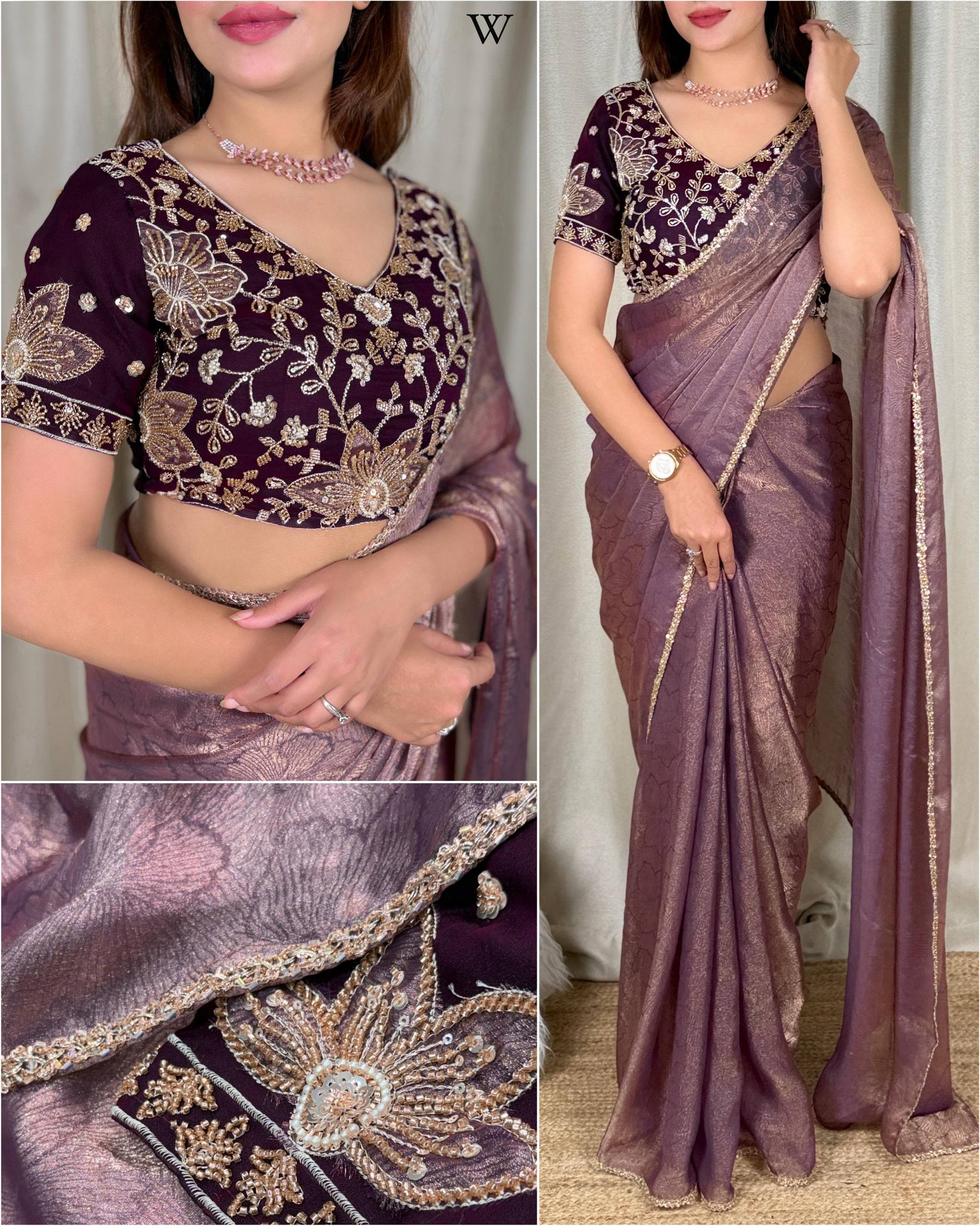 Dusty Mauve Plum Jacquard Saree with Beaded Appliqué Embroidered Blouse