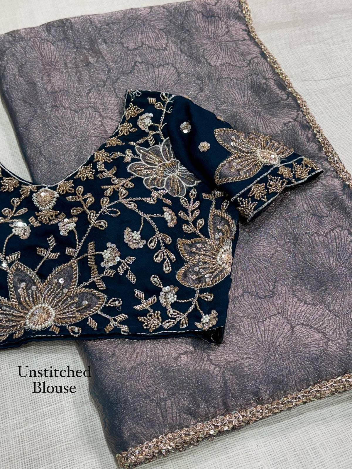 Slate Grey Jacquard Saree with Navy Blue Beaded Handwork Blouse