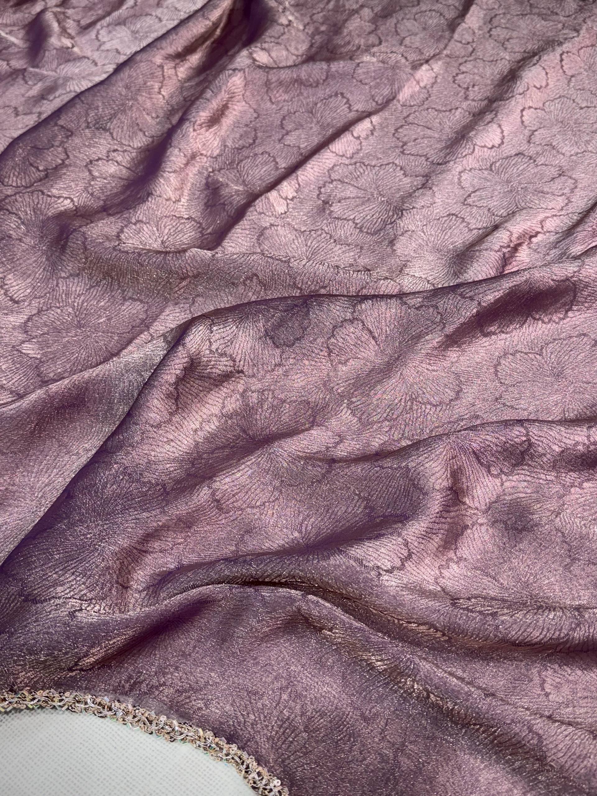 Dusty Mauve Plum Jacquard Saree with Beaded Appliqué Embroidered Blouse