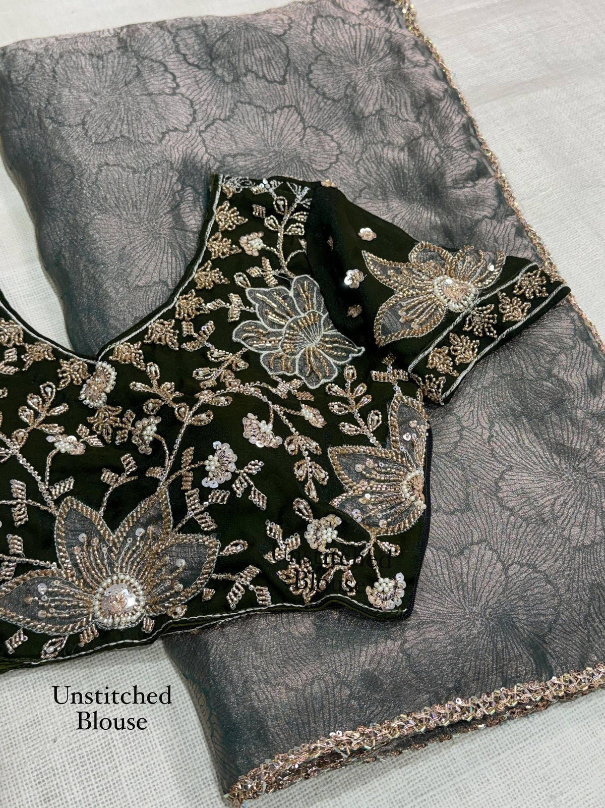 Smoky Sage Green Jacquard Saree with Beads Handwork & Applique Embroidered Blouse