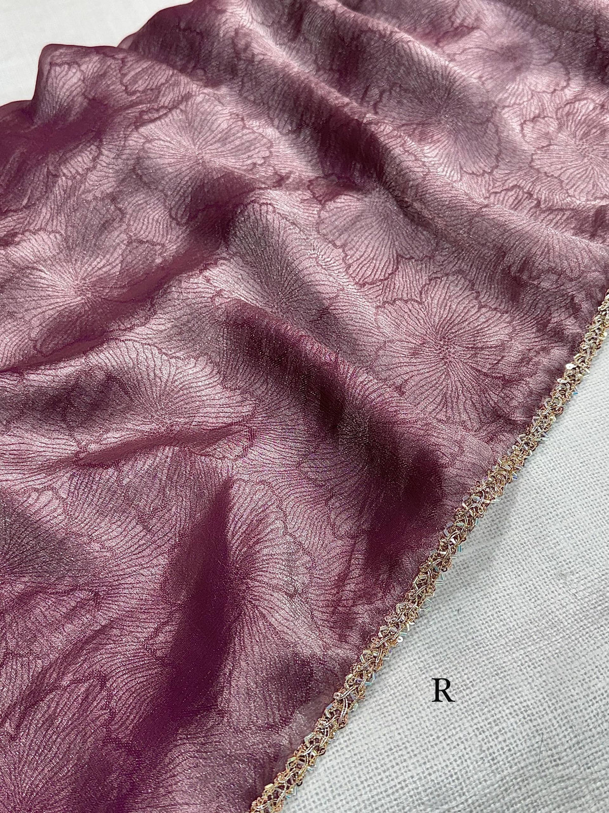Muted Wine Jacquard Saree with Premium Beads Handwork & Applique Blouse