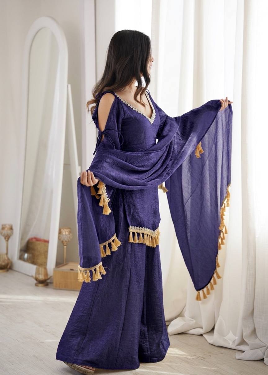 Royal Navy Blue Doremon Crush Palazzo Suit Set with Dupatta & Mirror Work Lace