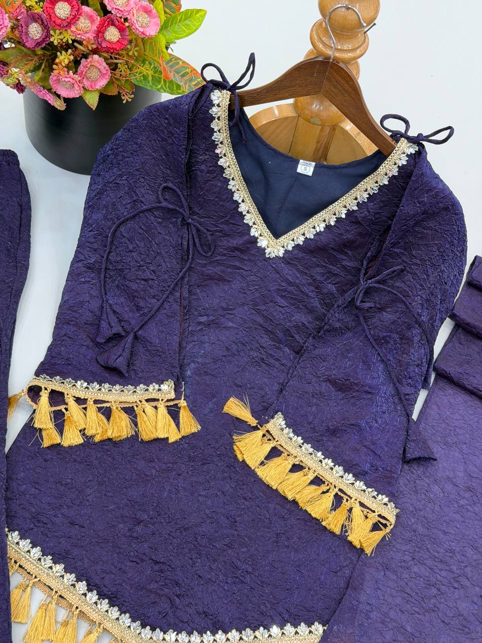 Royal Navy Blue Doremon Crush Palazzo Suit Set with Dupatta & Mirror Work Lace